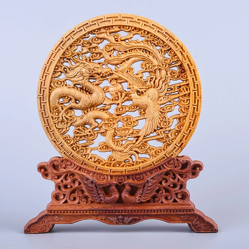 

Thuja Wood 14CM Decorative Dish Sculpture Decorative Dish Hollow Wood Wealth Carving Lucky Gift Collection Dragon Home Decor
