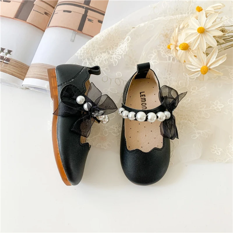 Autumn Girls Children Solid Leather Shoes Cute Pearl Mesh Lace Soft Sole Princess Shoes Newborn Kids Elegant Casual Dance baby shoes kids shoes