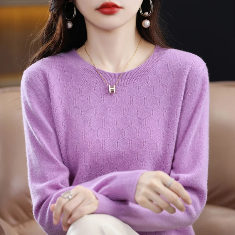 

Women's O-neck 100% sweater long sleeve hollow solid color autumn and winter new cashmere pullover knit top Korean version.