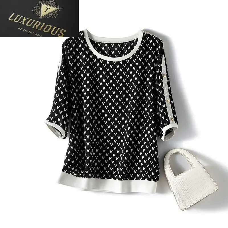 

2023 New Women T-shirts Korean Style Casual Chiffon Half Sleeve Button Geometric O-neck Oversized T Shirt Woman 4XL