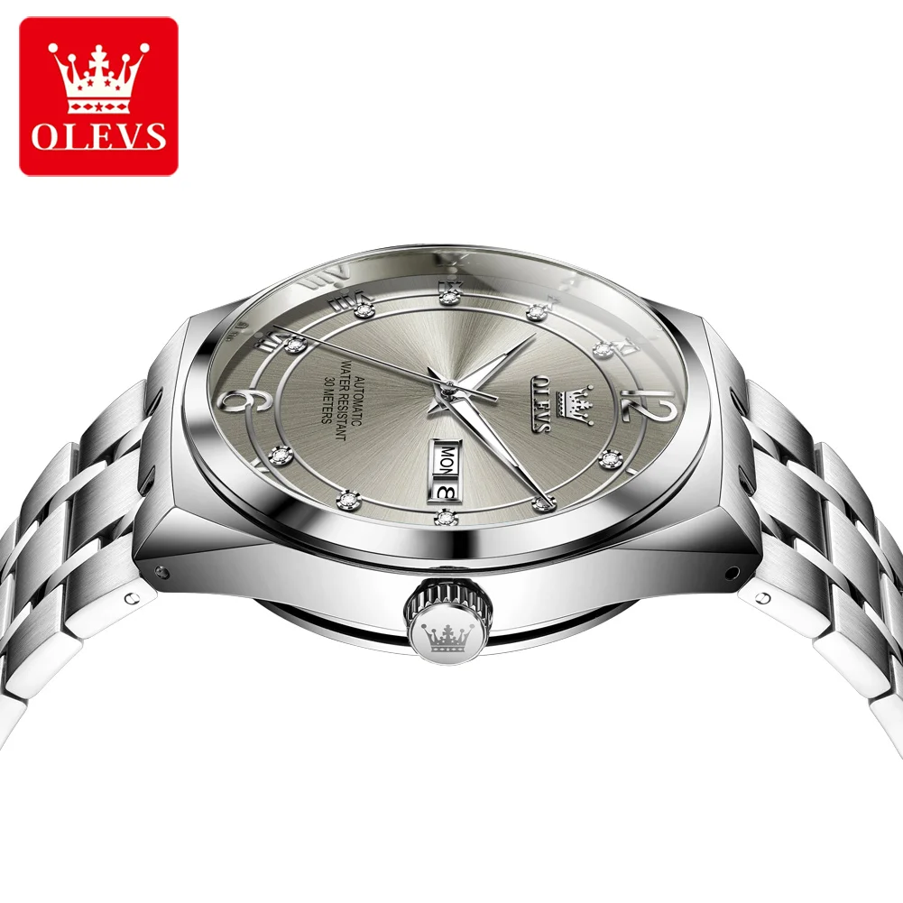 OLEVS 7068 Automatic Watch For Men Dual Calendar Business Mechanical Wristwatch Stainless Steel Waterproof Fashion Man Watches