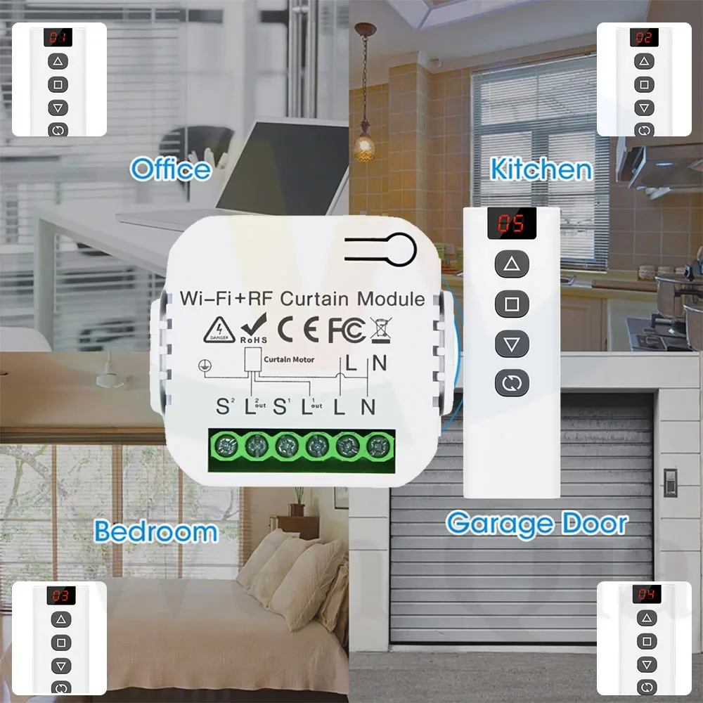 Smart WiFi RF Curtain Switch Module Wireless 433MHz 5 in 1 Remote Controller,110V 220V 240V for Roller Shutter Garage Tuya Alexa