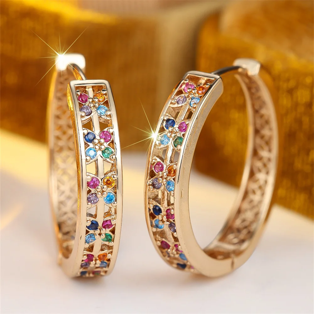 Multicolor Zircon Round Stone Small Flower Hoop Earrings For Women Vintage Gold Color Engagement Ear Buckle Wedding Jewelry Gift