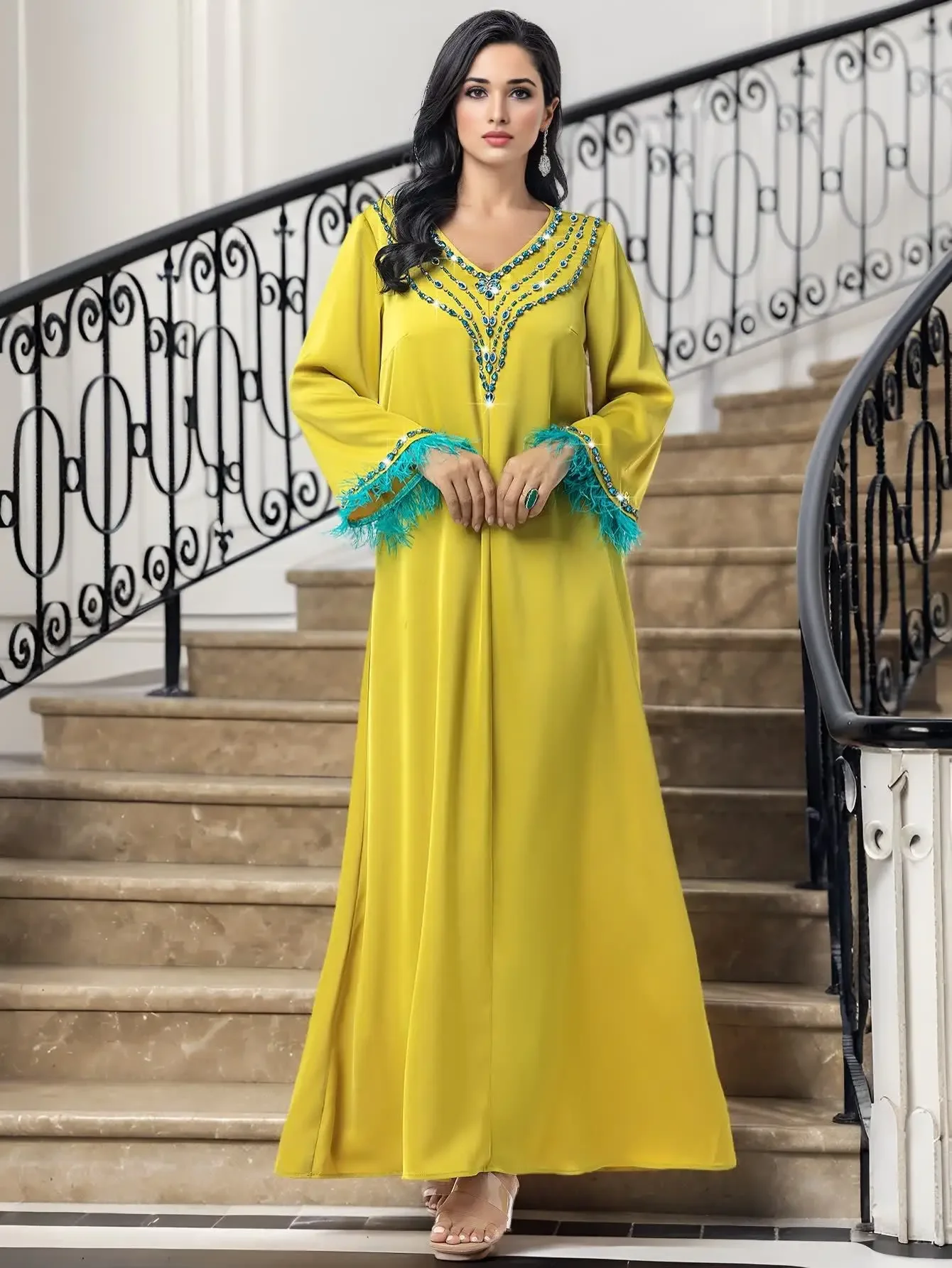 2025 عيد جلابة مسلم الماس رداء خليط ريشة المرأة فس...