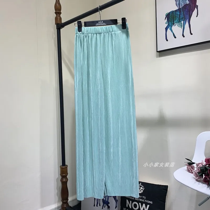 Summer Thin Chiffon Wide Leg Pants For Women Casual Candy Color Loose Long Pants Lady Solid Color Straight Pleated Trousers