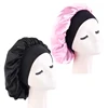 Women's Satin Solid Bonnets Wide-brimmed Night Sleeping Bathing Hat Unisex Head Wrap Elastic Band Cap Hair Care Bonnet - black pink