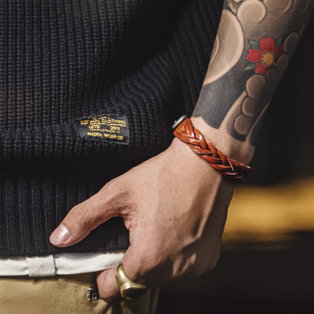 Maden Vintage Woven Vegetable Tanned First Layer Cowhide Bracelet Adjustable Bracelet Accessories for Men And Women OOTD