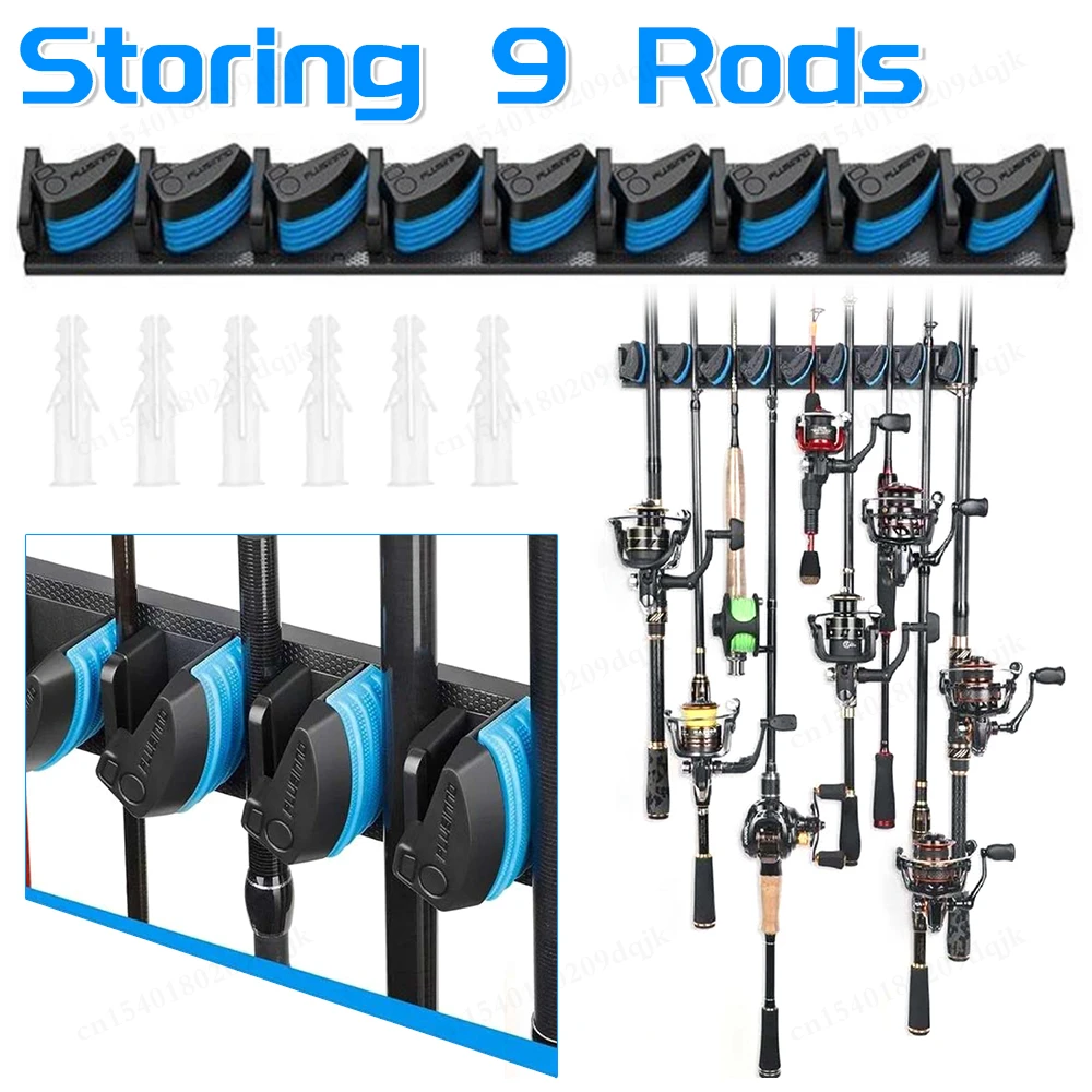Wall Mounted Fishing Rod Holder Vertical and Horizontal Pole Rack Fishing Rod Storage Hanging Bracket for Storing 9 Rods