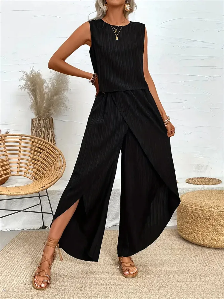 Fashionable Set Relaxed Oversized Comfortable Set Sleeveless Crewneck T-Shirt Set Summer-Ready Lightweight Casual Ensemble - Image 4