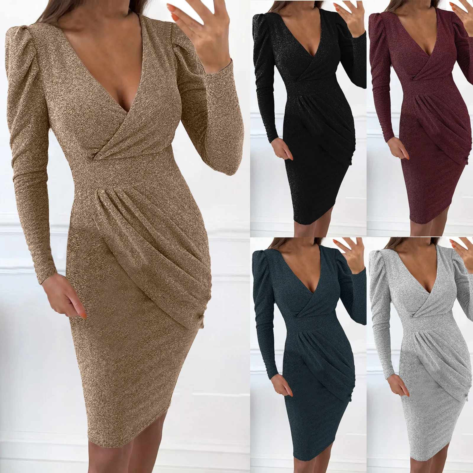 

Women's Temperament Bubble Sleeve Long Sleeve Party Dresses Fashion Sexy Slim Fit V Neck Package Hip Dress Cocktail Dresses