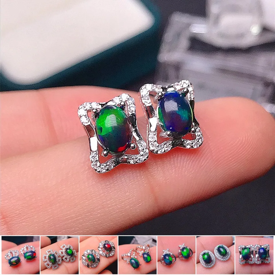 Orecchini pendenti a forma di fiore in argento sterling con opale di fuoco nero naturale - Italia