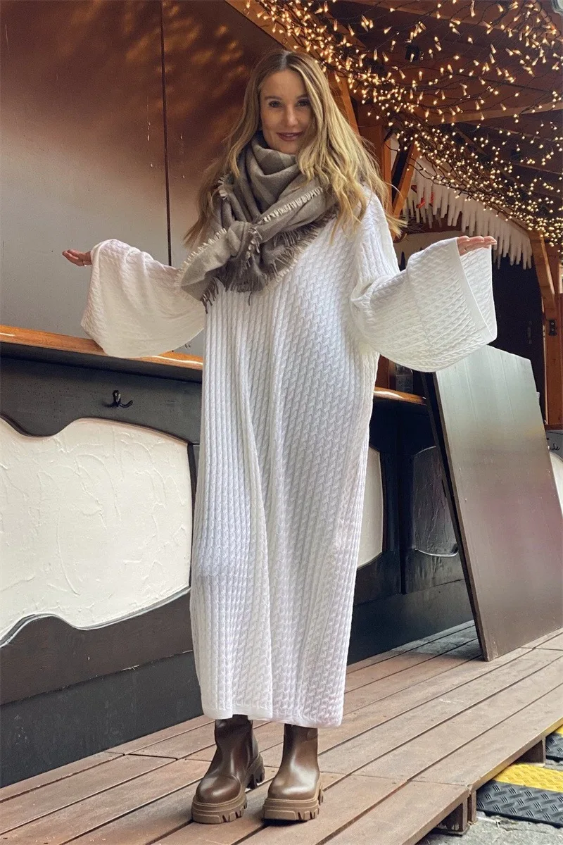 

Winter White Women's Long Wool Sweater Dress Minimalist Lazy Loose Cable Knit Long Luxury High Quality Luxury Trendy 2024
