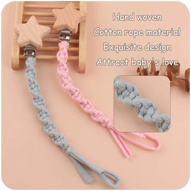 Baby Beech Wood Pentagram Pacifier Clip Handmade Woven Cotton Soother Nipple Chain For Baby Nursing Teether Chewing Toys Gift 5
