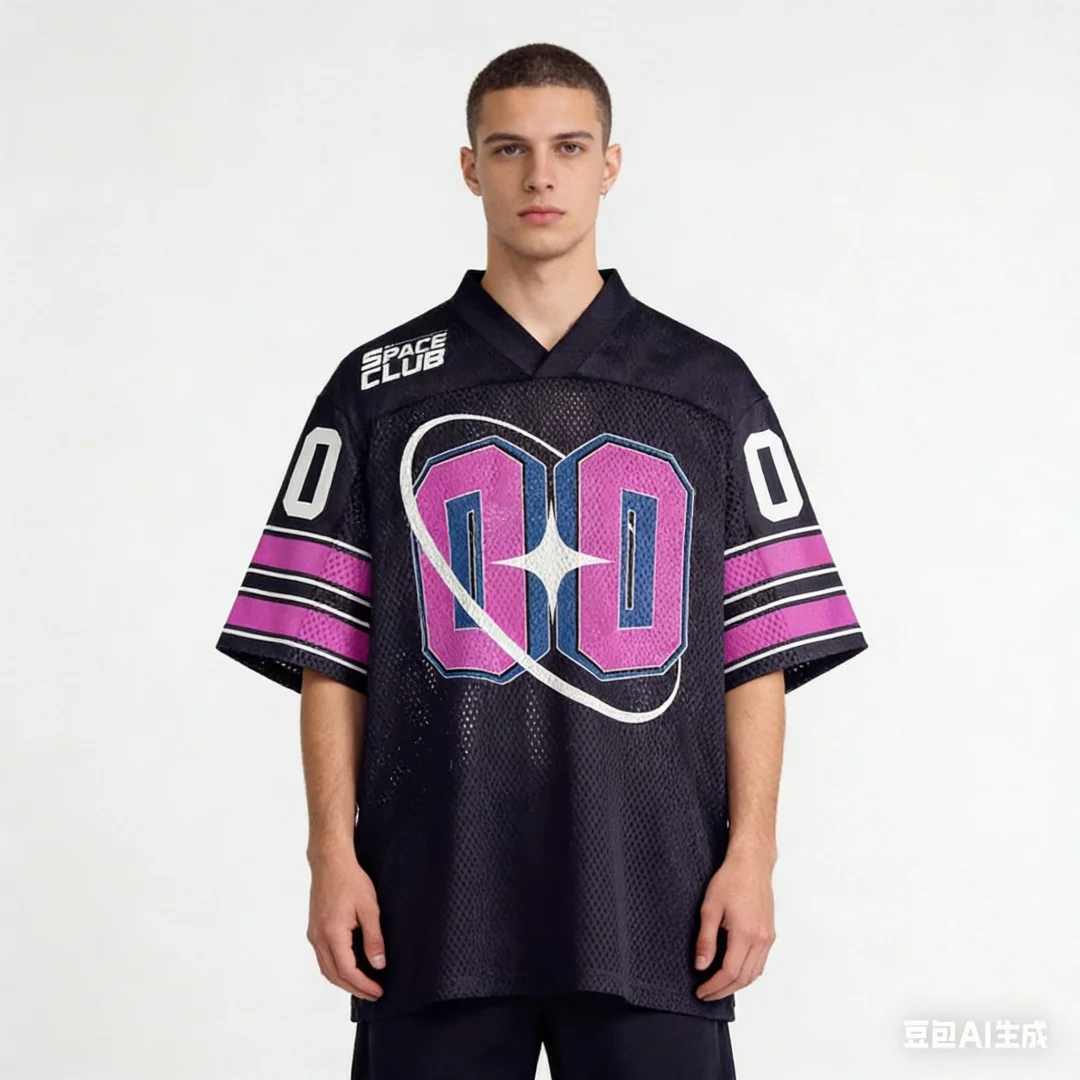 Herren Sommer Nummer 00 Space Club Print Mesh T-Shirt Top V-Ausschnitt Oversized Kurzarm Streetwear Lässiges Mode-T-Shirt
