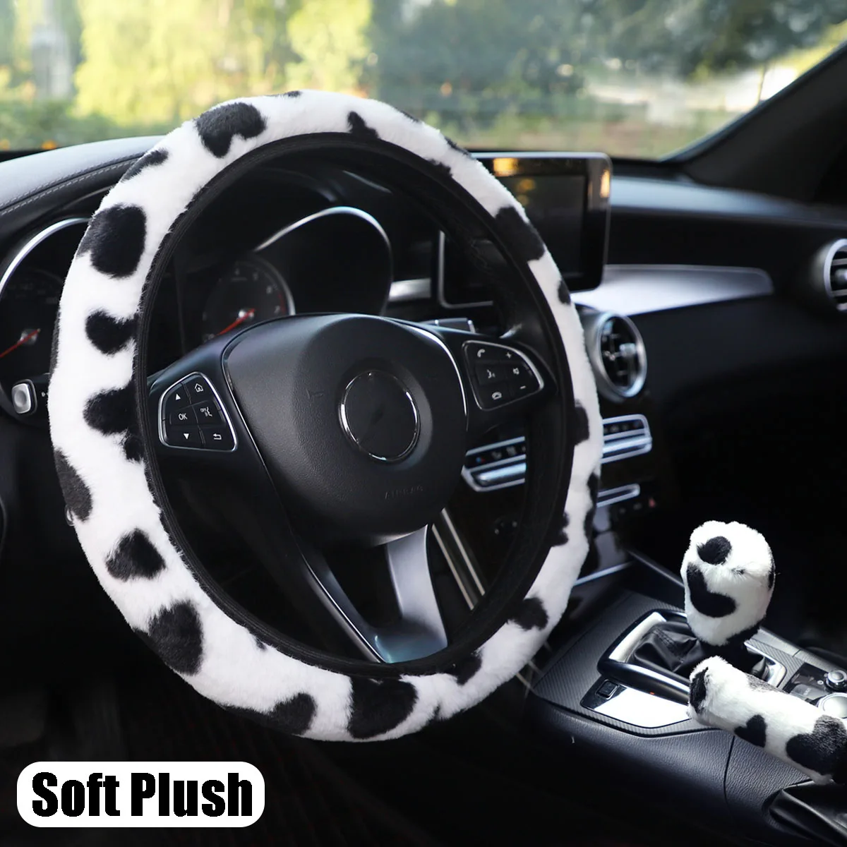 

38cm Cow Print Soft Plush Car Steering Wheel Cover Hand Brake Gear Shift Knob Covers Anti-Slip Auto Styling Interior Accessories