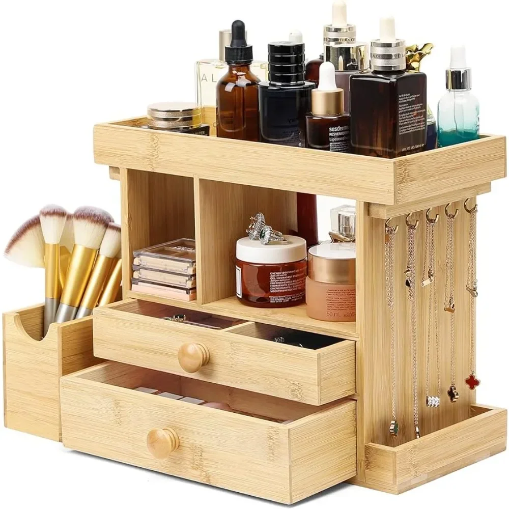 

Bamboo Makeup Organizer Cosmetic Jewelry Storage Organizer Multi-Function Make up Box Stand for Vanity, Desk, Bathroom