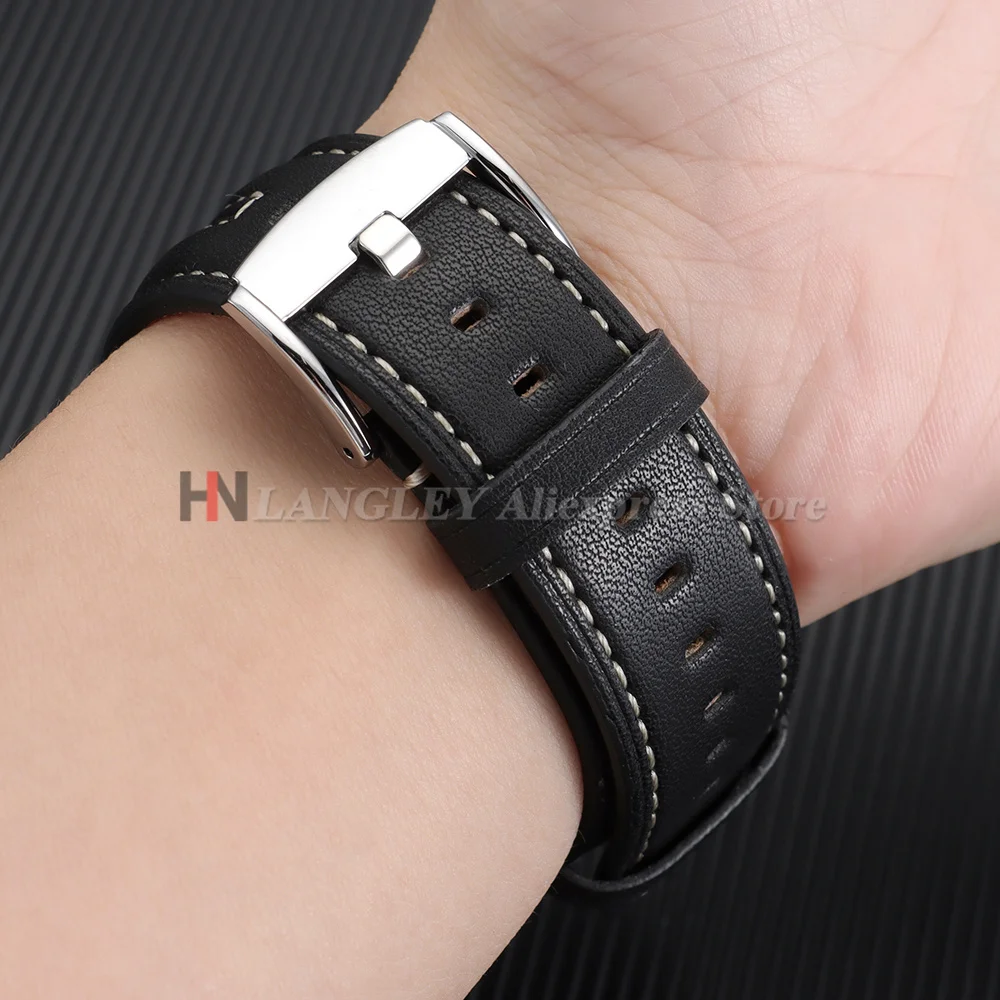Handmade Vintage Leather Watch Band – 22mm Cowhide Strap with Elegant Stitching, Perfect for Business and Everyday Wear
