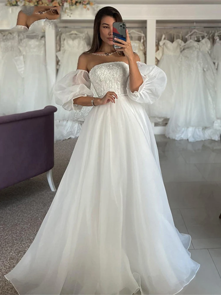 

Женское свадебное платье с коротким рукавом-фонариком, без бретелек, с бусинами, свадебное платье с открытыми плечами, Тюлевое платье