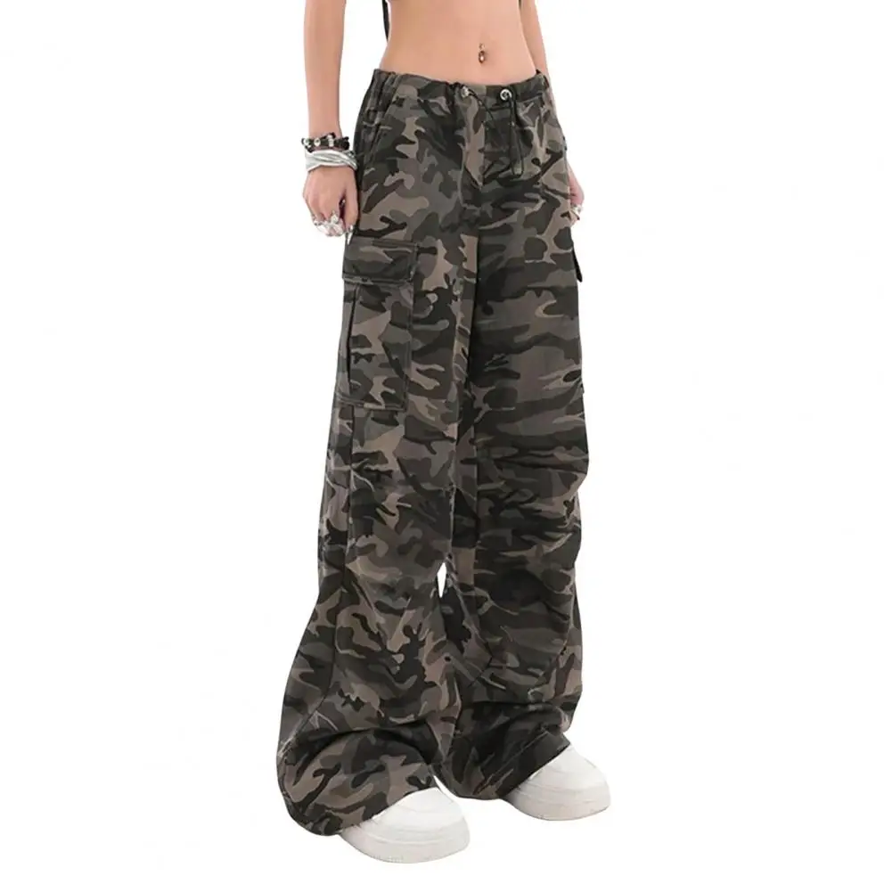 

Women Cargo Pants Wide-leg Trousers Versatile Women's Camouflage Cargo Pants Elastic High Waist Adjustable for Camping