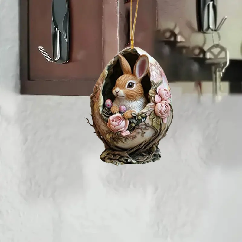 Easter Acrylic Rabbit Keychain With Egg 2D Cute Bunny Car Rearview Mirror Pendant Backpack Hanging Ornament Easter Party Decor 3