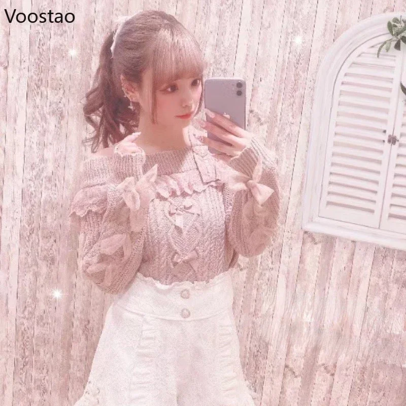 Vintage Sweet Lolita Style Knitted Pullover Autumn Girls Cute Off Shoulder Lace Ruffles Bow Sweater Women Harajuku Knitwear Tops 6