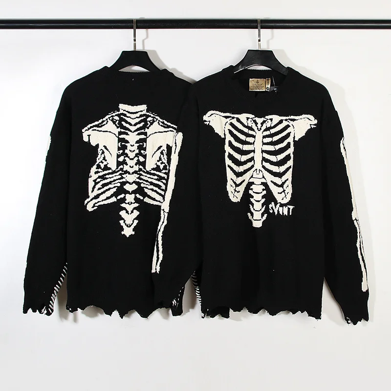 

SAINT Damaged Knitted Loose Sweater Men Women High Quality Handmade Bone Embroidery Wool Blended Sweater Top