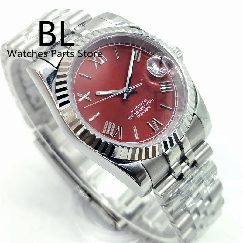 

BLIGER 36mm/39mm NH35 Mechanical Watch For Men Fluted Curved Cyclop Date Sapphire Glass Sunburst Red Dial Jubilee Bracelet Glide