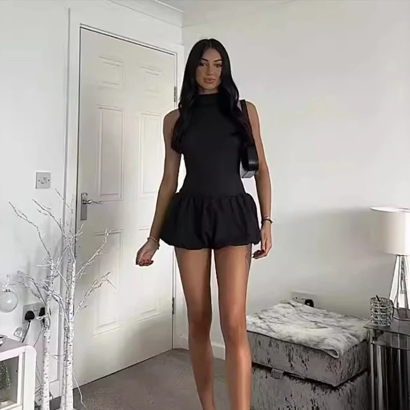 Elegant Solid Color Mini Dress For Women Knitted O Neck Sleeveless Backless Female Skirts Summer New Chic Ladies Robe