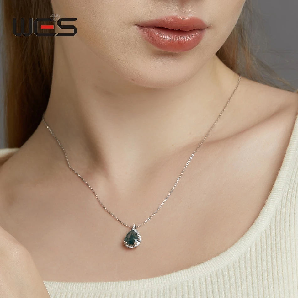 WES 100%  워터 드롭 여성을위한 자연 8*10mm 이끼 마노 보석 펜던트 목걸이 결혼 선물 파인 쥬얼리