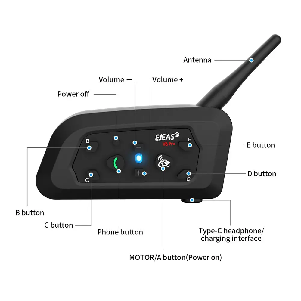 Ejeas v6 pro + motorrad intercom helm bluetooth headset 6 fahrer 800m kommunikator wasserdicht v 5,1 musik player sprechanlage – Detail 16