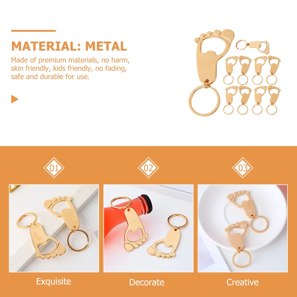 50 Portachiavi Apribottiglie A Forma Di Impronta Per Baby Shower – Bomboniere Con Sacchetti In Organza Ed Etichette, Oro