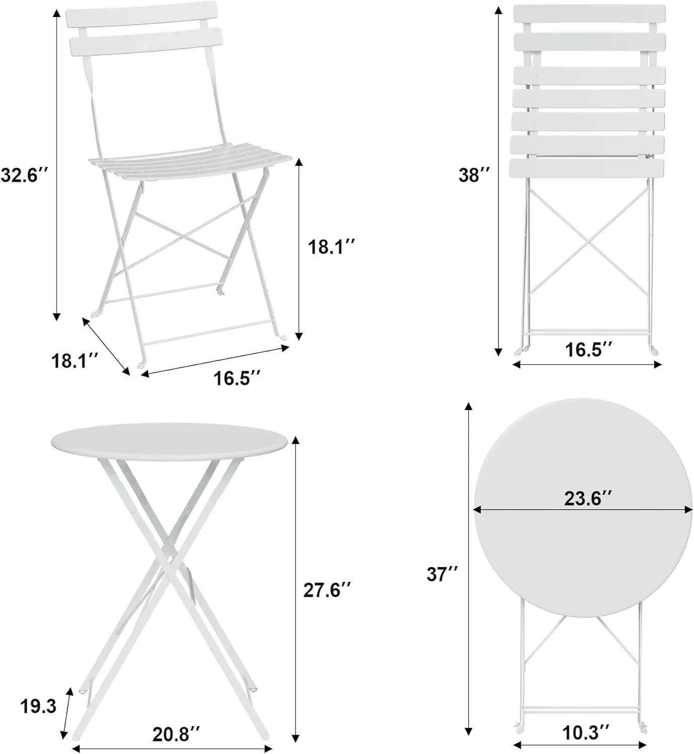 Bistro Table & Chairs Set of 2. 3-Piece Folding Patio Set. Premium Frame. Foldable Table. For Balcony, Yard, Garden. White.