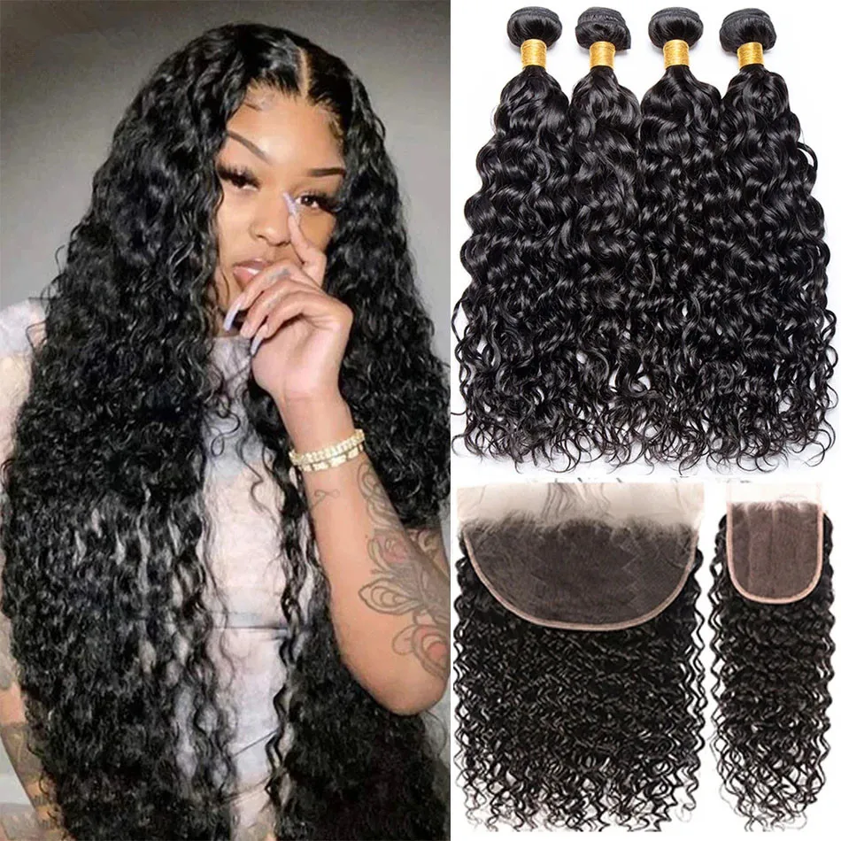 

30 32Inch Malaysian Water Wave Human Hair Bundles With Lace Frontal Closure Curly Hair Bundles With Closure Remy Hair Extensions