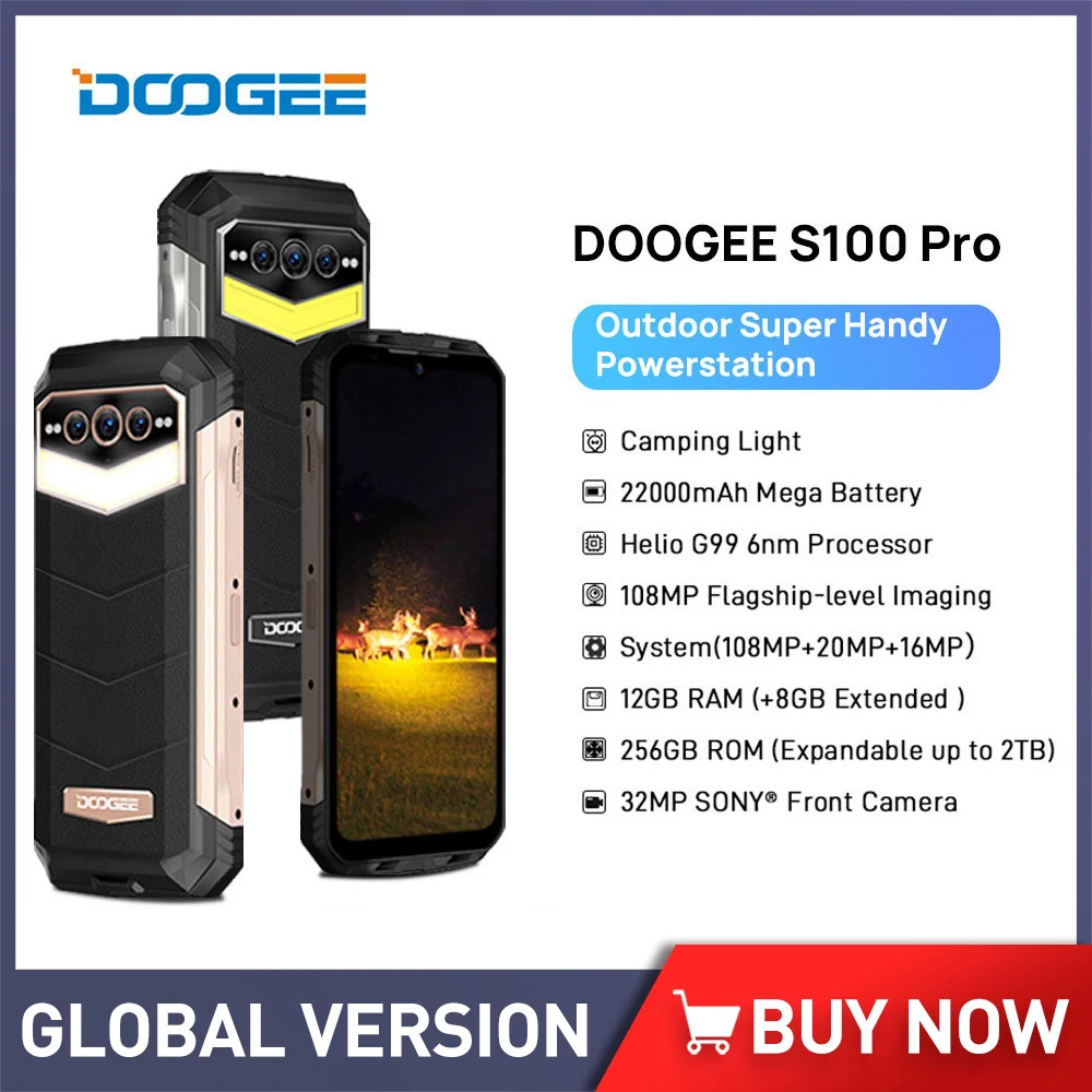 Doogee S100 Pro Rugged Phone 6.58 12GB+256GB Helio G99 6nm 108MP AI Triple Camera 22000mAh Battery Smartphone Camping Light NFC