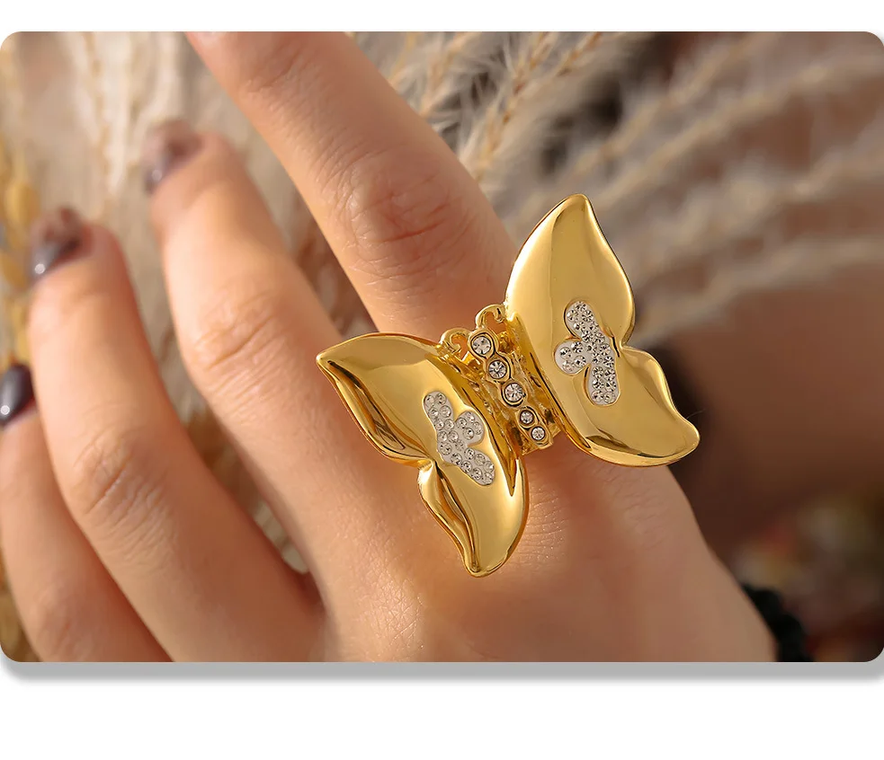 Schmetterling klobige Edelstahl vergoldete Ringe für Frauen wasserdichten Index Ring kein verrostetes übertriebenes Schmuck geschenk – Detail 6