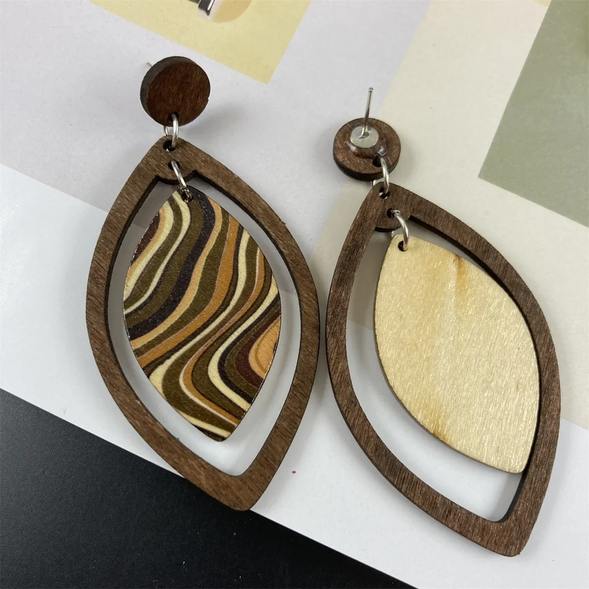 Bohemian Style Long Earrings Water Ripples Leaves Geometric Retro Wooden Earrings for Women Jewelry Wholesale 4