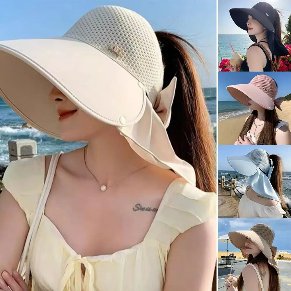 

Wide Brim Bow Fisherman Hat Fashion Breathable Anti UV Bucket Hat with Shawl Adjustable Sun Visor Cap Summer