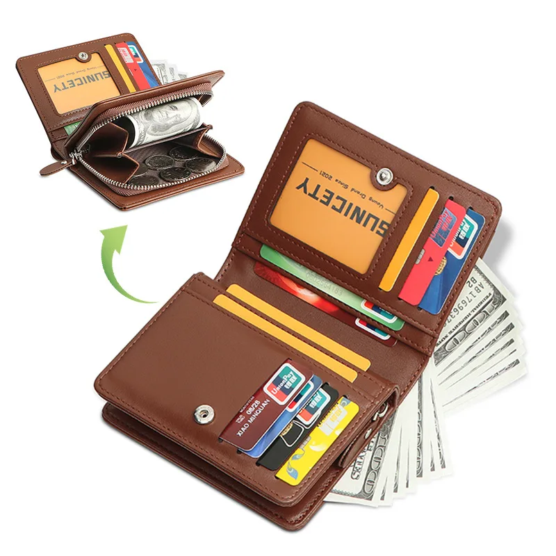 Men's Wallet leisure time Short style PU leather Anti theft swiping Card Bags zipper Purse Male Two fold Vertical style Wallets