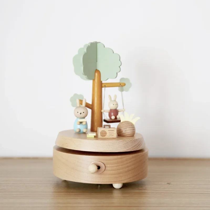 Creative Wooden Music Box Printed Green Small Tree Rabbit Music Box Children's Birthday And Valentine's Day Small Gift Handicrat 2