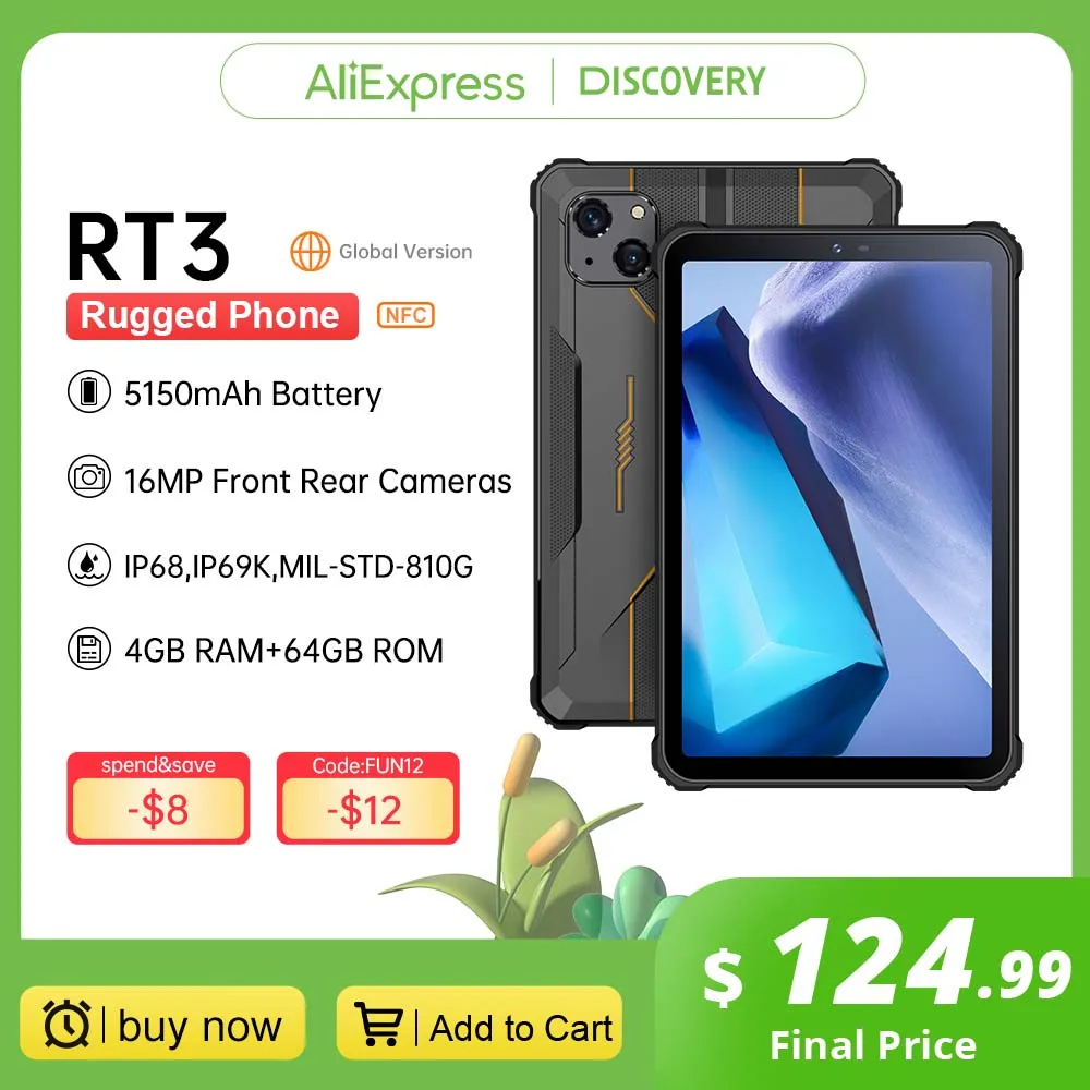  Oukitel RT3 Mini Rugged Tablet 8 Inch HD+ 5150 mAh 4GB+64GB Android 12 Tablets Mtk Helio P22 16MP Camera Pad 