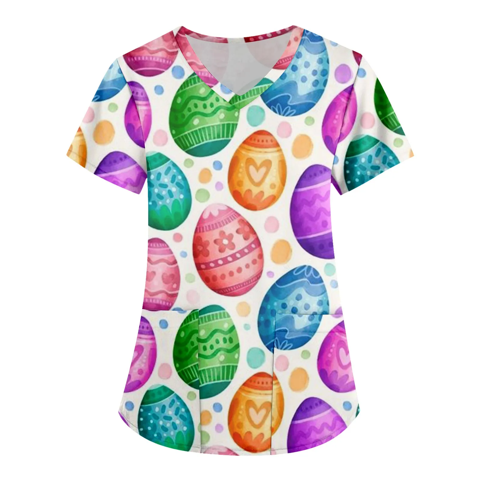 

Easter Eggs Print Scrubs Top For Womens Short Sleeve V Neck Nurse Uniform Blouse With Pockets Easter T-Shirt Nursing Working Top