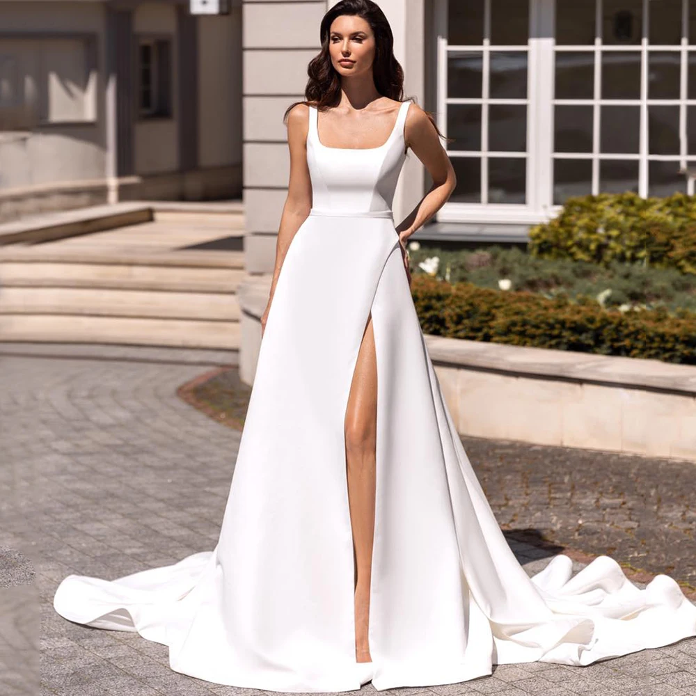 Simple Square Neck Wedding Dresses White Satin Sexy Side Slit Bridal Gowns  Bow | eBay