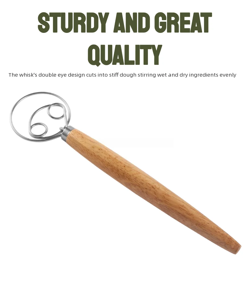 304 Edelstahl-Teigbesen mit Glatter Holzgriff, 33 cm Dänischer Teigbesen für Sauerteig & Brot, Brotbackzubehör – Detail 6