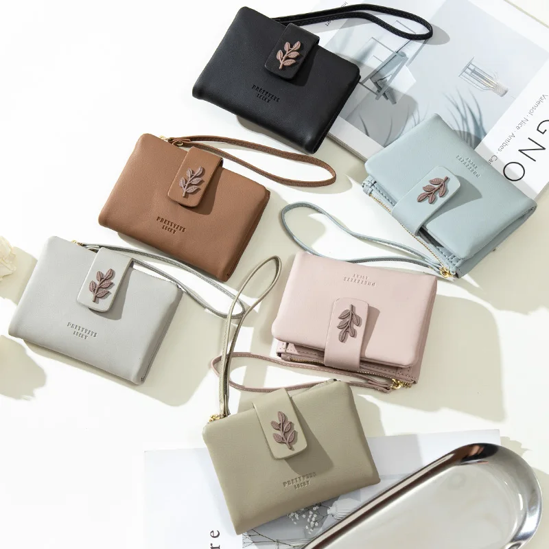 

Brand Leaf Hasp Design Women Wallets Zipper Purse Short Wallet Ladies Credit Card Holder with Wrist Strap Cute Wallet
