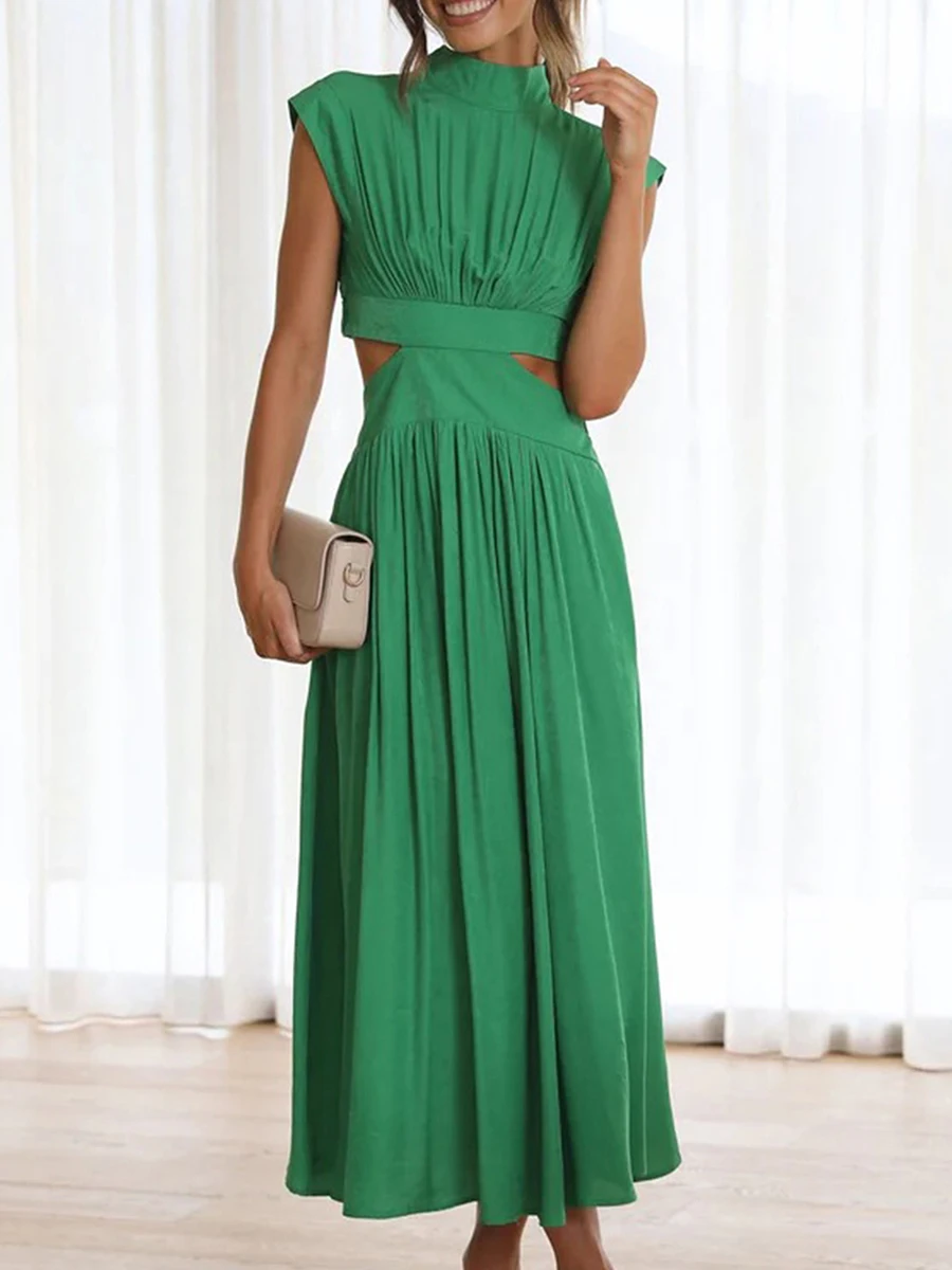 

Women s Summer Sleeveless Pleated Maxi Dress Mock Neck Cut Out Dress Long Flowy Dresses Elegant Cocktail Party Formal Dress