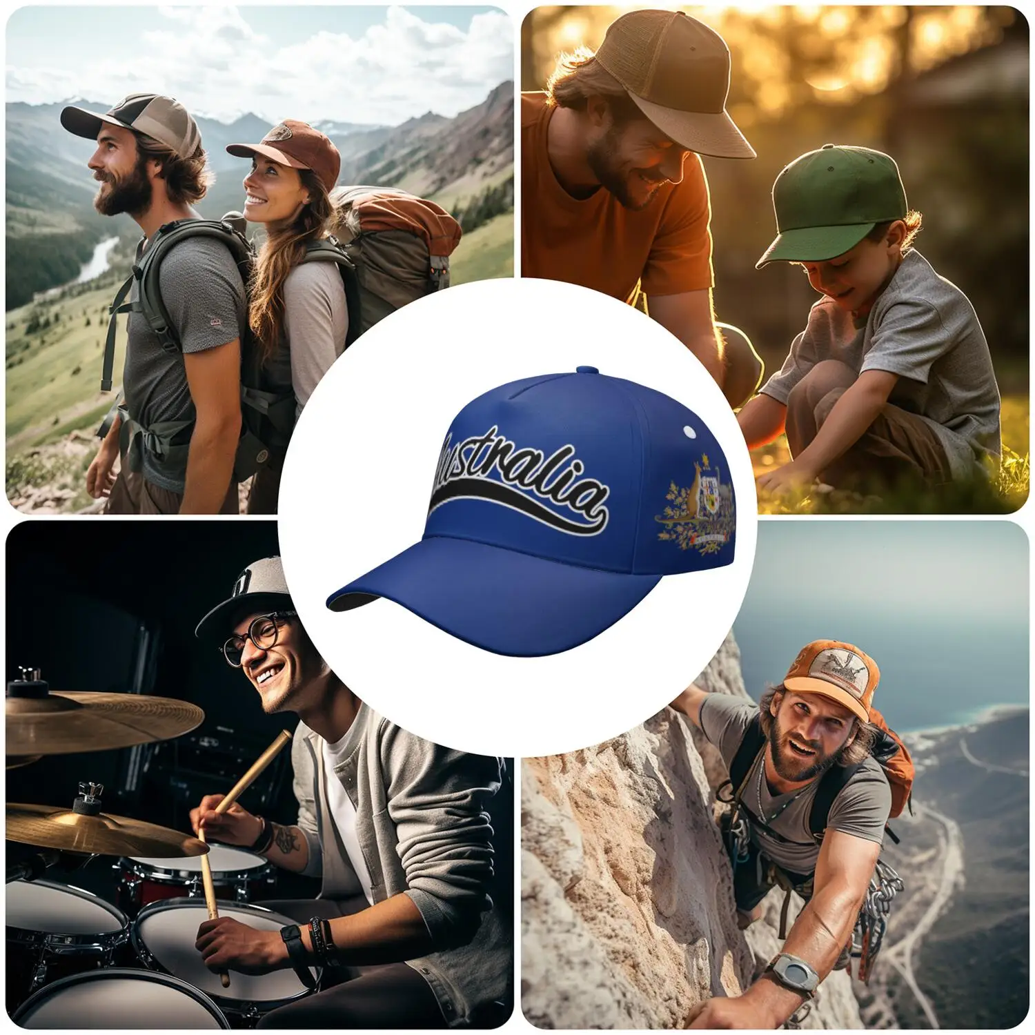 Customizable Australian Themed Navy Blue Baseball Cap with Name, Number, and Team Logo