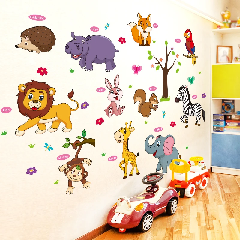Adesivos de parede para crianças, animais de desenho animado, parque de  diversões, zoológico, tigre, leão, macaco