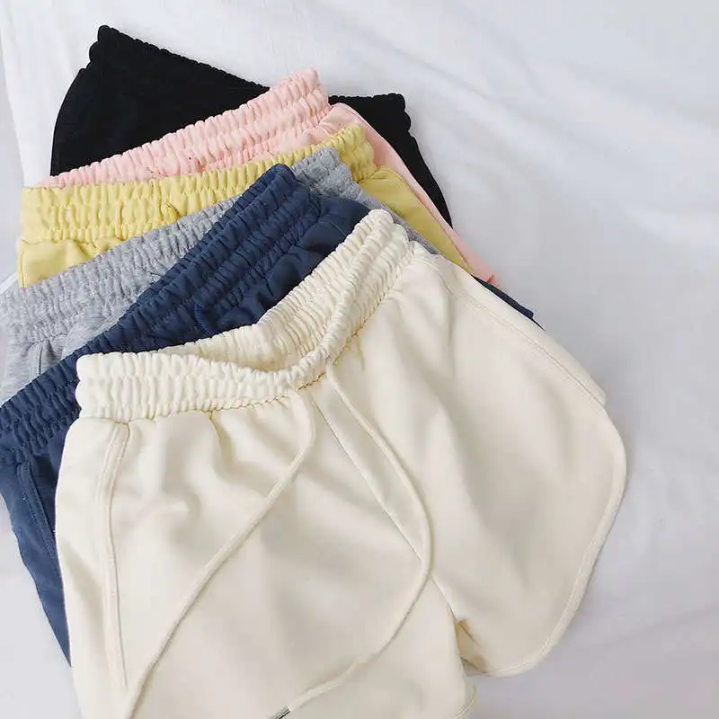 

Drawstring Sports Shorts Women Summer Candy Color Casual Ladies Elastic Waist Beach A-Line Wide Leg Loose Female Shorts C8193