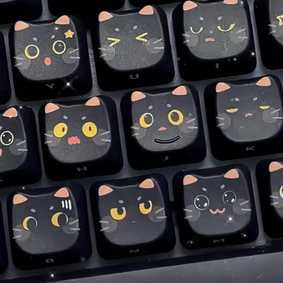 ECHOME 블랙 고양이 테마 키캡 세트, PBT 염료, 귀여운 새끼 고양이 애니메이션 키보드 캡, MAO 프로필, 기계식 키보드용 키캡, 145 키