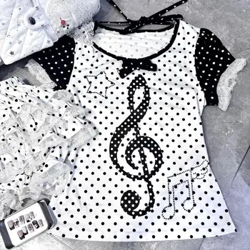 Japanese Harajuku Sweet Patchwork Short Sleeve T-shirt Piano Polka Dot Printed Tees Summer Y2k Subculture Hottie Casual Tops 1